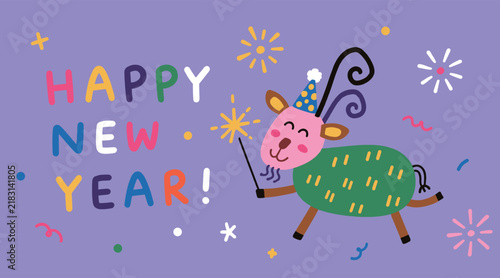 Happy New Year Celebration with Cute Cartoon Goat