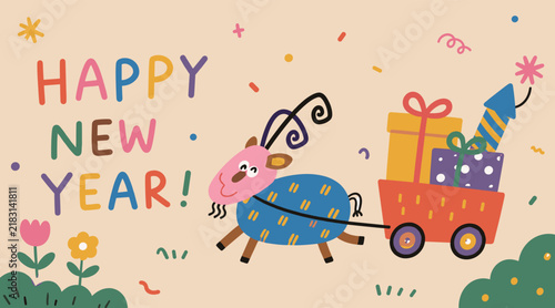Happy New Year Goat with Gifts Illustration