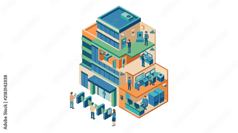 Fototapeta premium Multi Floor Smart Building Cutaway with Offices and Server Room Isometric Illustration