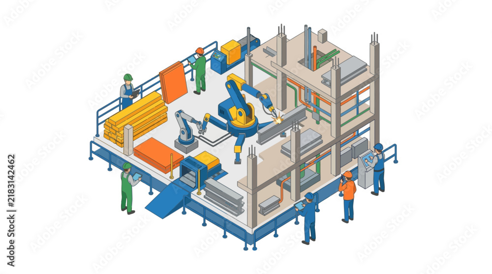 Fototapeta premium Robotic Arm Assembling Prefabricated Building Structure on Factory Platform, Isometric Illustration