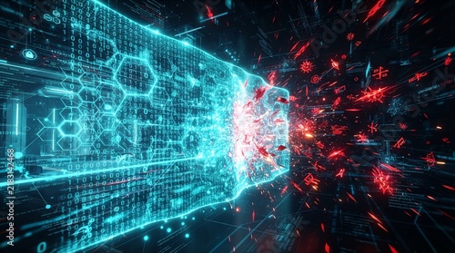 Tapety artystyczne Digital data stream disrupted by red energy shards