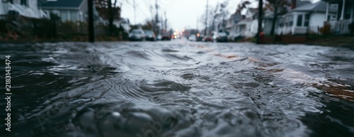 Flooded city street with standing water and reflective surfaces  