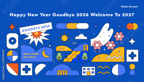 Retro Geometric New Year Collage 2027: Goodbye 2026, Welcome 2027, Bright Colors, Celebratory