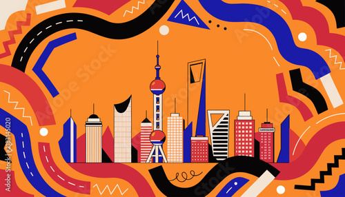 Shanghai Cityscape Skyline with Abstract Shapes and Wavy Lines, Modern Asian Metropolis Art