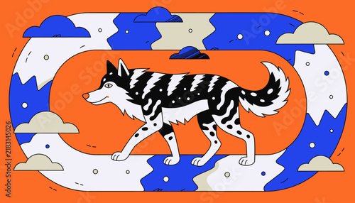 Stylized Wolf Illustration Walking in Abstract Landscape with Clouds and Orange Background