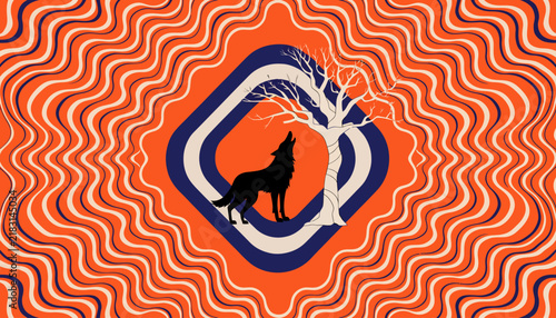 Silhouette Wolf Howling at Moon in Psychedelic Swirls - Abstract Geometric Tree, Wildlife Art, Optical Illusion