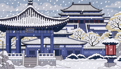 Traditional Chinese Imperial Palace Building Covered in Snow