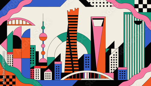 Vibrant Abstract Cityscape Illustration with Modern Architecture and Geometric Shapes, Shanghai Skyline Art
