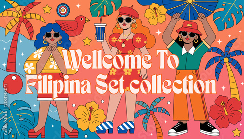 Vibrant Filipina Set Collection Banner with Tropical Elements and Stylish Women