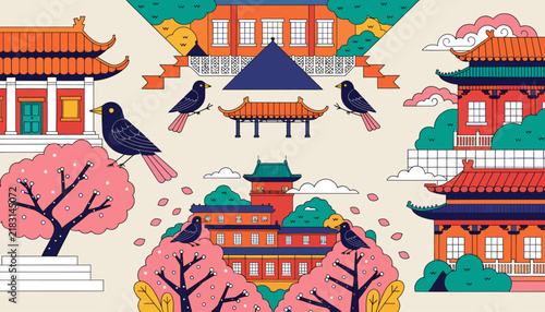 Vibrant Chinese Architecture and Cherry Blossoms with Birds - Eastern Cultural Illustration