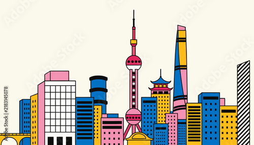 Vibrant Flat Illustration of Shanghai Skyline with Iconic Buildings, Modern Architecture, and Blue, Pink, Yellow Color Palette.