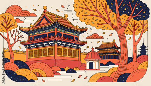 Vibrant Oriental Temple Scene with Autumn Foliage, Traditional Architecture and Natural Landscape