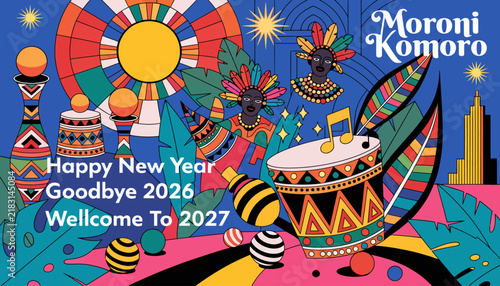 Vibrant Happy New Year 2027 illustration with tribal and festive elements, abstract geometric patterns and colorful celebration