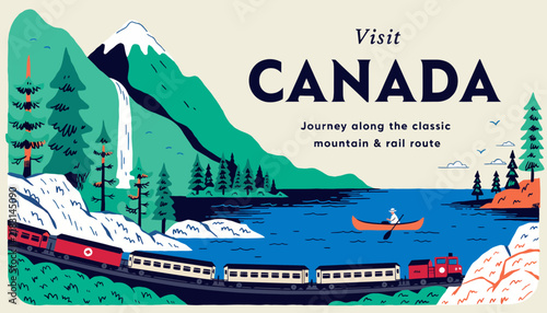 Visit Canada: Retro Train Journey Through Majestic Mountains, Lakes, and Waterfalls - Vintage Travel Poster