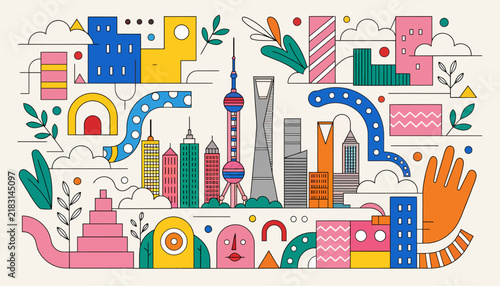 Vibrant Shanghai Skyline in Geometric Flat Design Style, Doodle Illustration with Buildings, Clouds and Abstract Shapes, Urban Landscape.