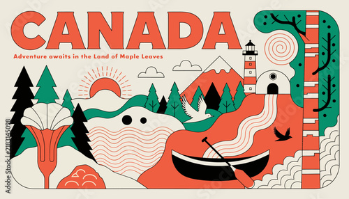 Vintage Canada Travel Illustration with Majestic Mountains, Lighthouse, and Canoe Adventure