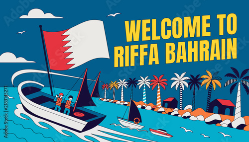Welcome to Riffa, Bahrain: Nautical Scene with Flag, Palm Trees, and Traditional Dhows