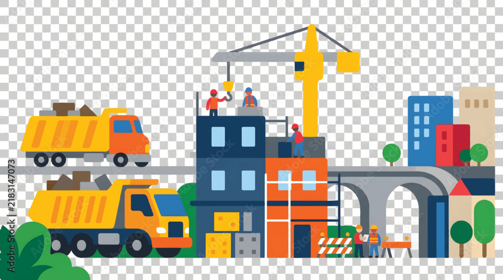 Naklejka premium Construction Site with Heavy Machinery and Buildings