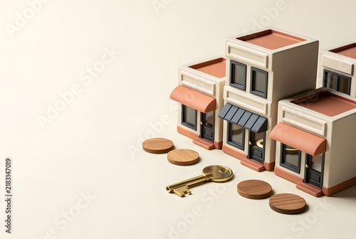 Small Business Opportunity: A miniature representation of a row of shops with a key and coins symbolize the entrepreneurial spirit and the investment required to start a business venture.