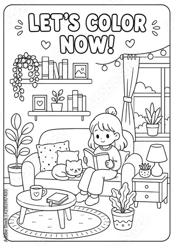 Let's Color Now Coloring Page for Kids with Girl, Cat and Cozy Living Room