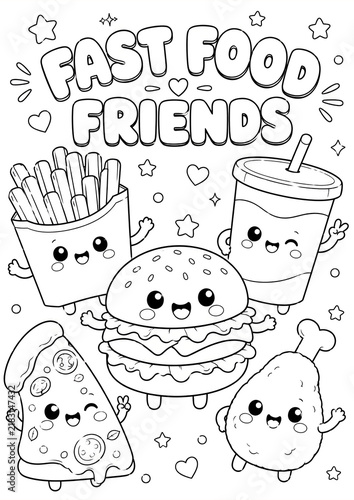 Fast Food Friends Coloring Page for Kids with Cute Burger Fries Pizza and Soda
