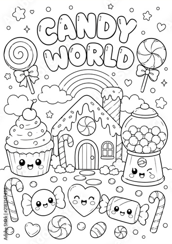 Candy World Coloring Page for Kids with Cute Sweets, Gingerbread House and Rainbow