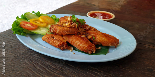 Crispy Fried Chicken Wings with Fried Garlic and Sweet Chili Sauce