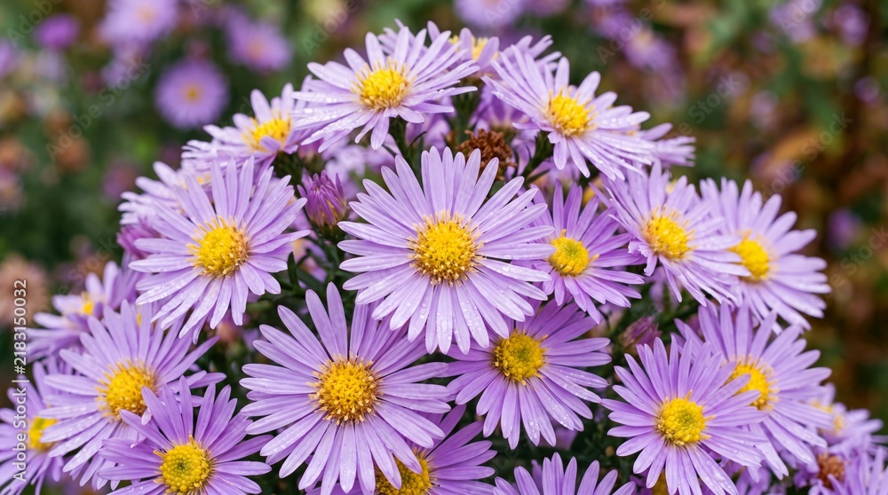 Fototapeta premium A vibrant cluster of lavender aster flowers in full bloom with yellow centers