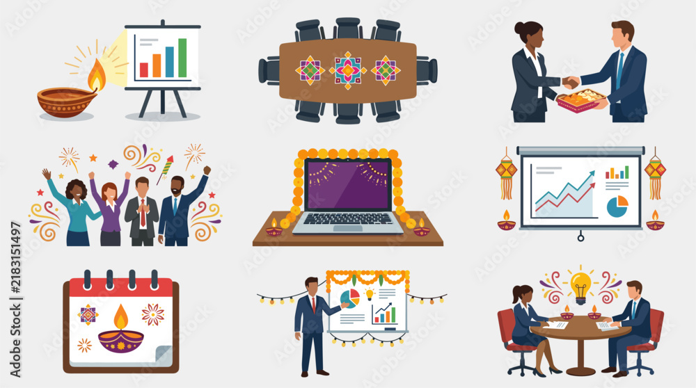 Fototapeta premium Business meeting icons with festive Diwali decorations, including charts, laptops, and people celebrating success.