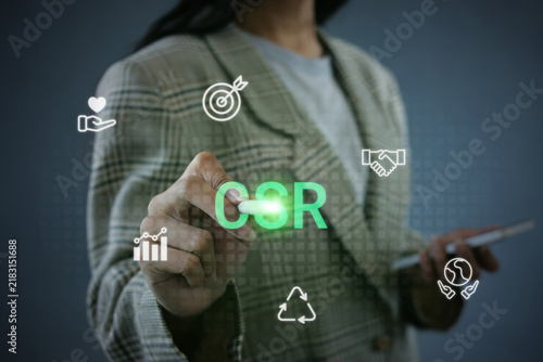 Konstfotografi Businesswoman Points with Stylus Pen to Hologram Corporate Social Responsibility