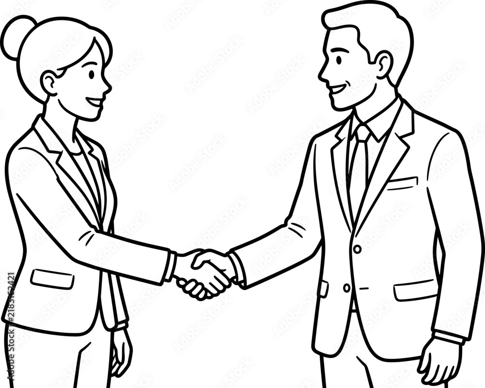 Fototapeta premium Two business professionals, a man and a woman, shake hands in a friendly greeting, vector illustration