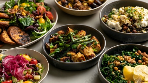 A variety of colorful  healthy bowls featuring roasted vegetables  greens  grains  and fresh toppings arranged on a neutral surface