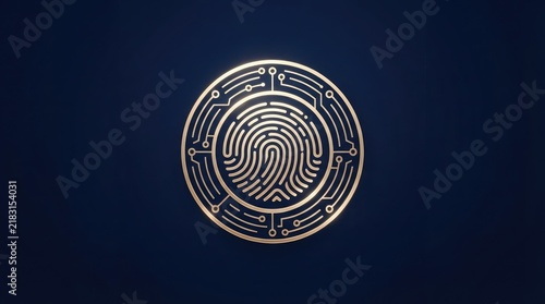 Digital fingerprint security icon featuring golden biometric identification symbol integrated with modern circuit board lines on a dark blue background