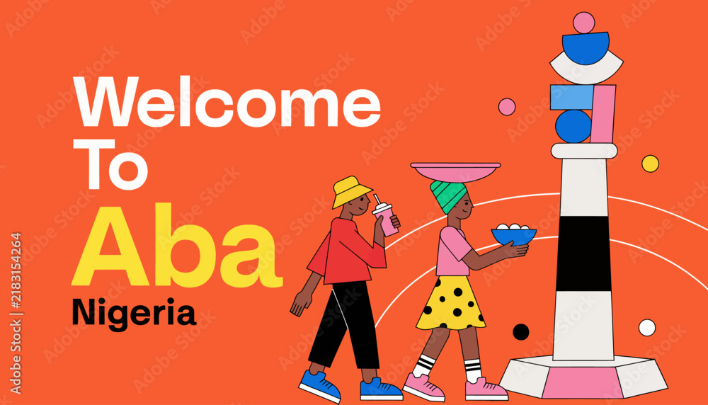 Naklejka premium Welcome to Aba, Nigeria: Vibrant Illustration of Local Life and Culture