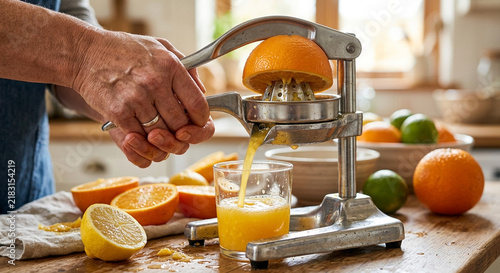Close up of a person using a manual metal press to squeeze fresh orange juice in a kitchen.