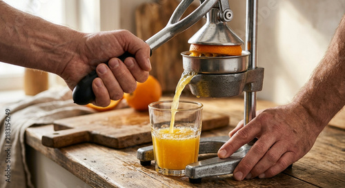 Person using a manual citrus press to squeeze fresh orange juice into a glass.