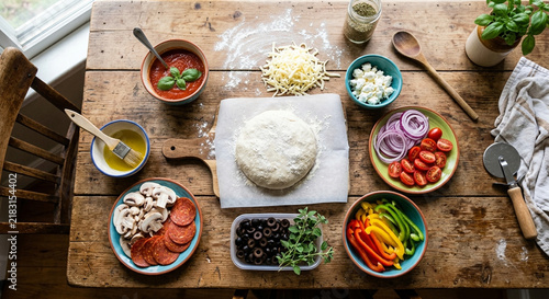 Top view of fresh pizza ingredients and dough prepared on a rustic wooden kitchen table.