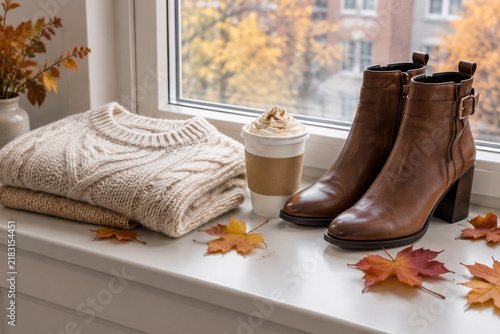 Window ledge still life with folded sweater, leather boots, latte, and maple leaves, calm autumn fashion mood