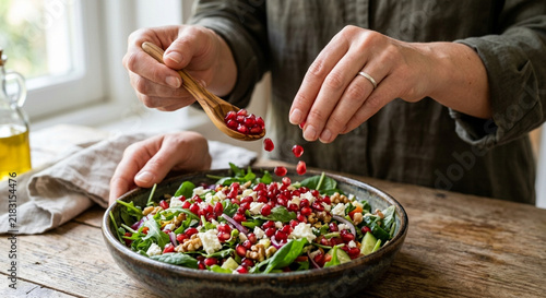 Woman preparing a fresh healthy salad with pomegranate seeds and feta cheese in a rustic kitchen.