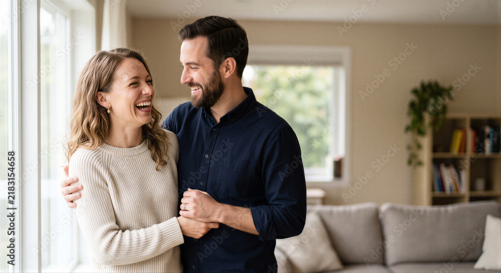 Obraz premium Happy young couple hugging and laughing together while standing in a bright cozy living room