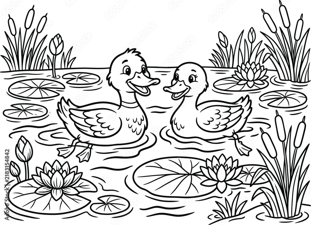 Fototapeta premium Cute ducks swimming in a pond vector illustration with coloring page template for kids activity book