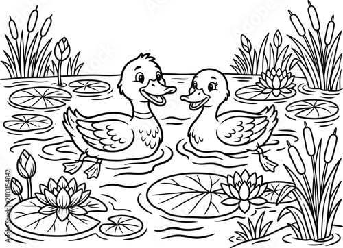 Bild auf Leinwand Cute ducks swimming in a pond vector illustration with coloring page template fo