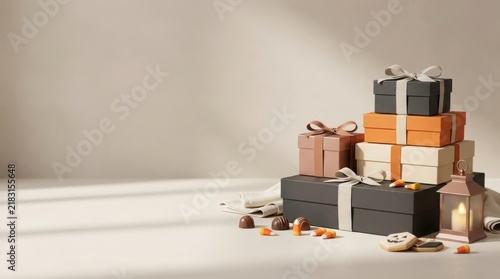 Autumn gift boxes stacked high in warm tones featuring candy corn chocolates and elegant lantern for holiday gifting.