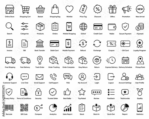 Set of black business and technology outline icons on white background