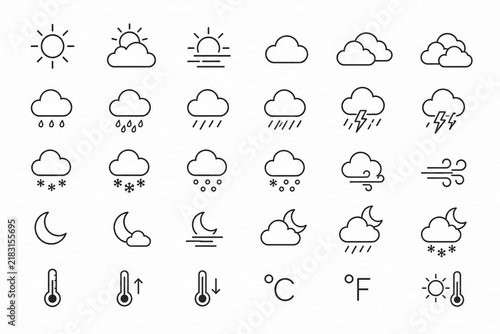 Set of black weather icons showing various forecast symbols and signs