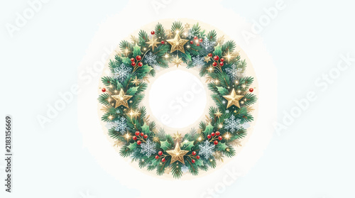 Christmas wreath with gold stars, festive pine garland, holiday vector frame