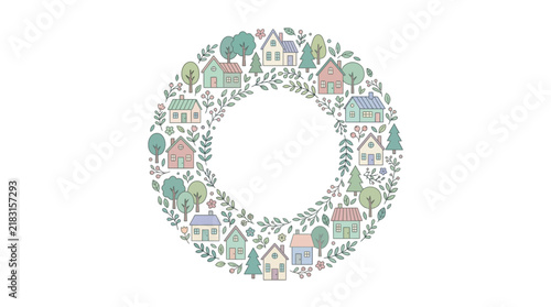 Cute hand drawn village wreath with little houses trees and floral elements arranged in a circular frame pattern on white background illustration for seasonal greeting card design vector