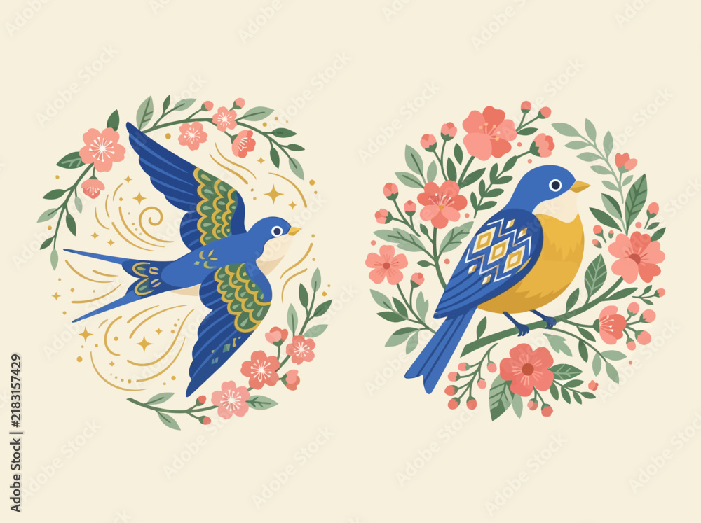 Fototapeta premium Folk Art Illustration of Bluebirds in Pink Floral Wreaths