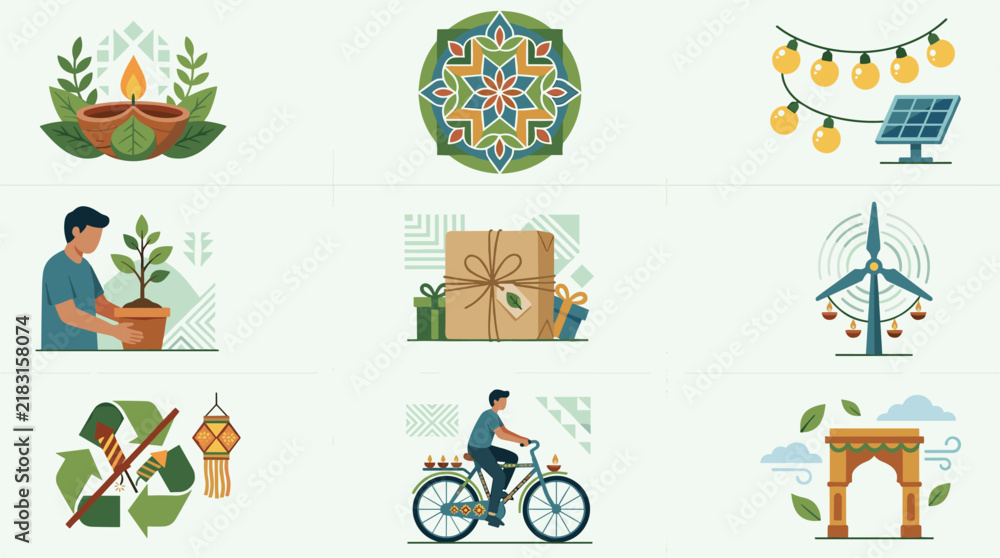 Fototapeta premium Set of nine flat design icons for environmental themes and cultural celebrations, including a diya, mandala, solar panel, and recycling symbol.