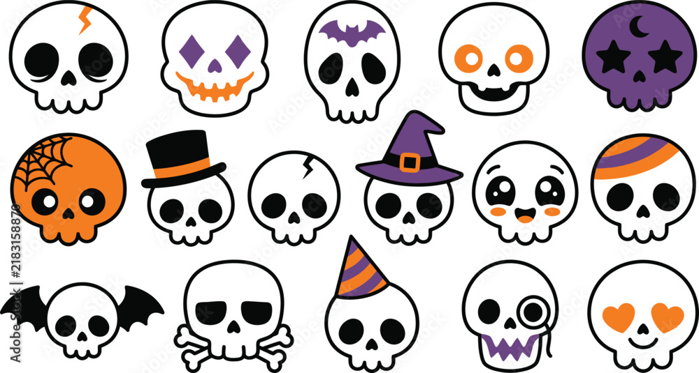 Obraz premium Set of cute cartoon skulls for halloween decorations and festive party design elements